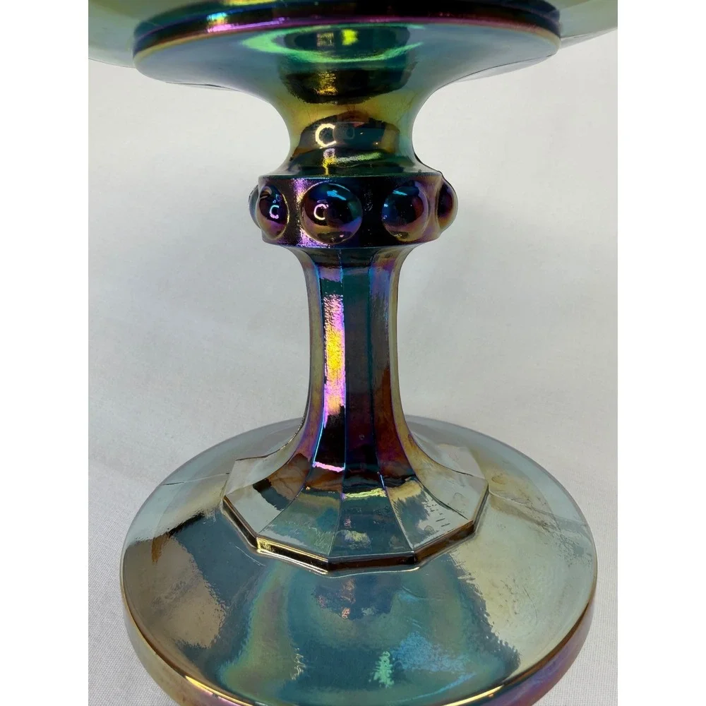 Vtg Iridescent Blue Carnival Glass Compote Scalloped Pedestal Candy Dish 7.25